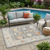 5' X 7' Gray and Orange Floral Stain Resistant Indoor Outdoor Area Rug