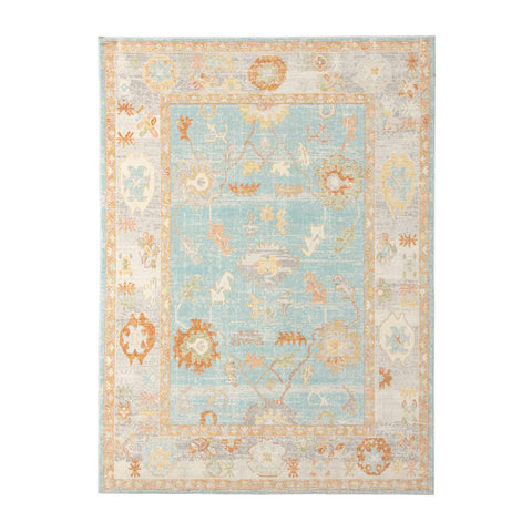 5' X 7' Blue and Orange Floral Stain Resistant Indoor Outdoor Area Rug
