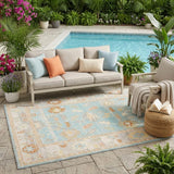 5' X 7' Blue and Orange Floral Stain Resistant Indoor Outdoor Area Rug