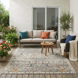 5' X 7' Blue and Orange Floral Stain Resistant Indoor Outdoor Area Rug