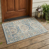 2' X 3' Blue and Orange Floral Medallion Stain Resistant Indoor Outdoor Area Rug