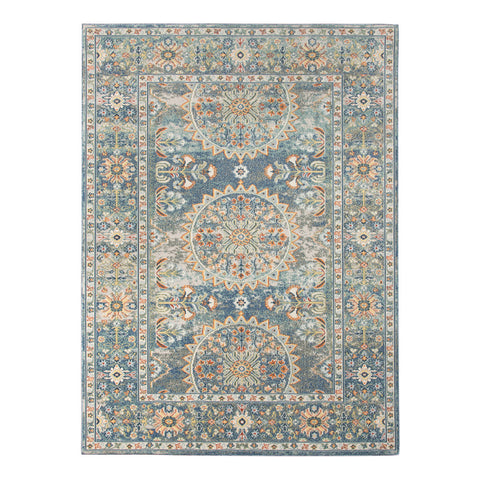 5' X 7' Blue and Orange Floral Medallion Stain Resistant Indoor Outdoor Area Rug