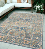5' X 7' Blue and Orange Floral Medallion Stain Resistant Indoor Outdoor Area Rug