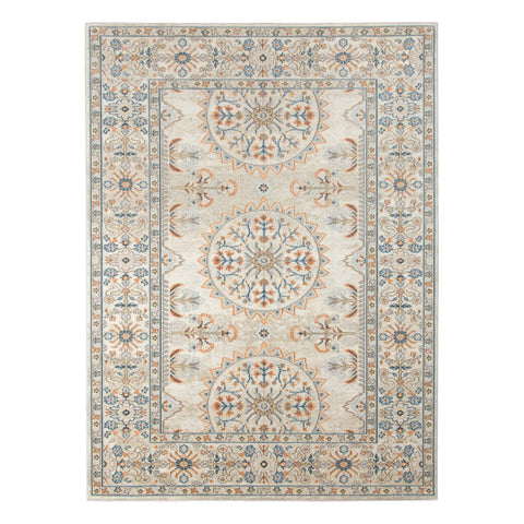 5' X 7' Blue and Orange Medallion Stain Resistant Indoor Outdoor Area Rug
