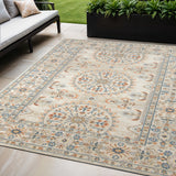 5' X 7' Blue and Orange Medallion Stain Resistant Indoor Outdoor Area Rug