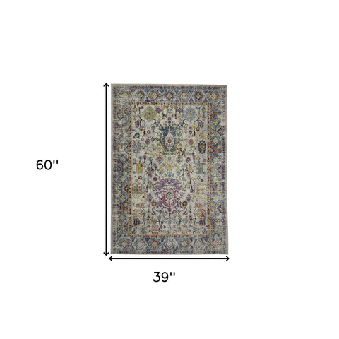 3' X 5' Blue Gray And Purple Floral Distressed Area Rug
