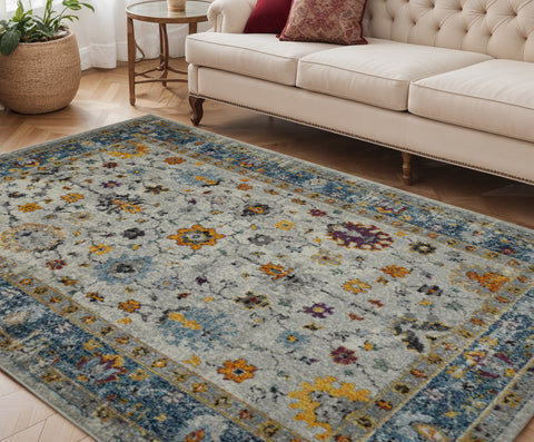 5' X 7' Gray Blue And Orange Area Rug