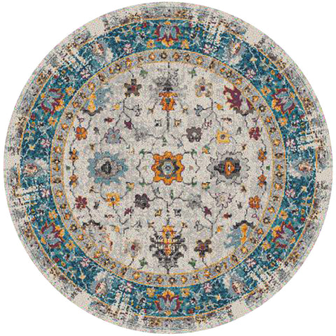 7' Blue and Orange Floral Power Loom Round Rug