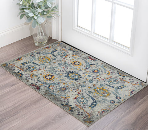 3' X 5' Blue Gray And Orange Abstract Distressed Area Rug