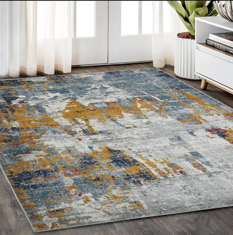 5' X 7' Blue Orange And Gray Area Rug