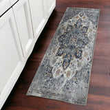 8' Gray Blue And Brown Medallion Distressed Runner Rug