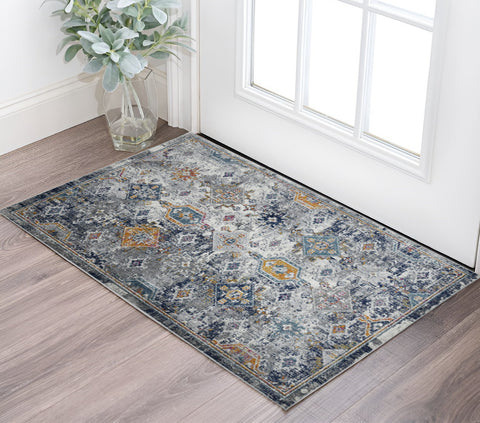 3' X 5' Blue Gray And Rust Geometric Area Rug