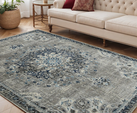 5' X 7' Teal Gray And Ivory Area Rug
