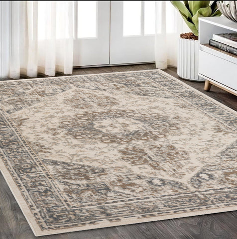 5' X 8' Gray And Beige Medallion Area Rug