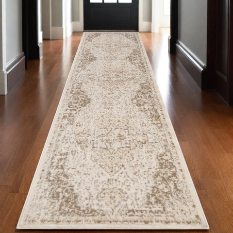 10' Gray and Light Cream Medallion Power Loom Runner Rug