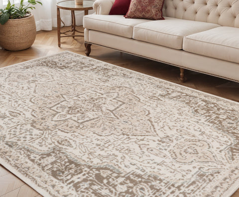 5' X 8' Cream And Brown Medallion Area Rug