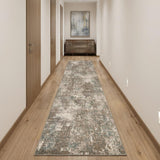 10' Ivory Brown And Green Abstract Runner Rug