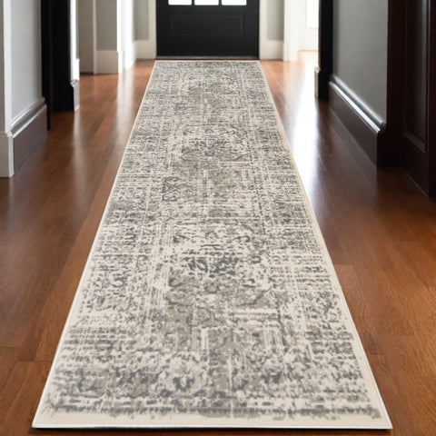 10' Medium Gray and Ivory Medallion Power Loom Runner Rug