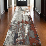 10' Ivory Gray and Rust Abstract Power Loom Runner Rug