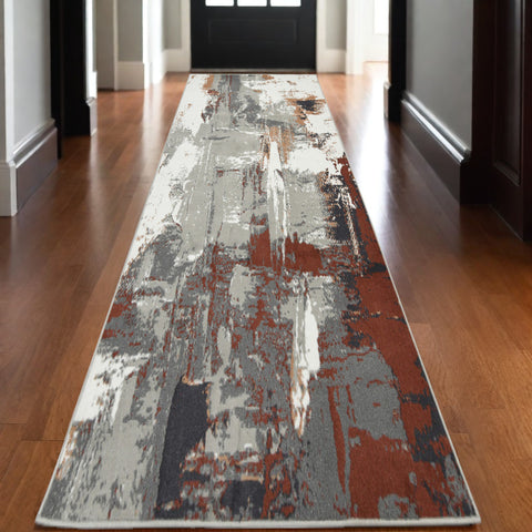 10' Ivory Gray and Rust Abstract Power Loom Runner Rug