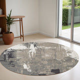8' Ivory Black And Gray Abstract Round Rug