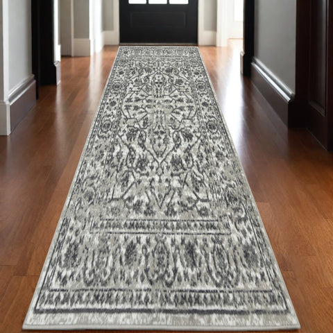 10' Gray and Dark Gray Floral Power Loom Runner Rug