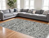 8' X 10' Ivory Gray And Dark Gray Floral Area Rug