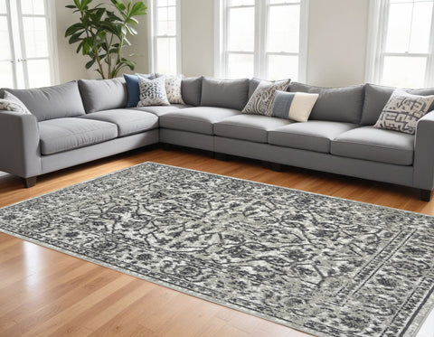 8' X 10' Ivory Gray And Dark Gray Floral Area Rug