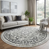 8' Ivory Light Gray And Dark Gray Floral Round Rug