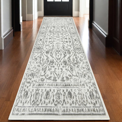 10' Gray and Light Gray Floral Power Loom Runner Rug