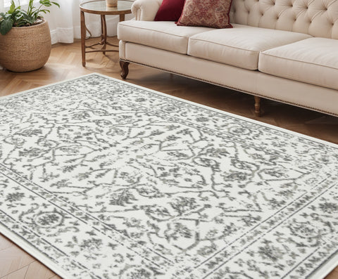 5' X 8' Ivory And Gray Floral Area Rug
