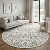 8' Ivory And Light Gray Floral Round Rug