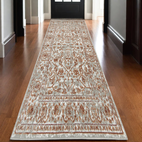 10' Rust and Gray Floral Power Loom Runner Rug