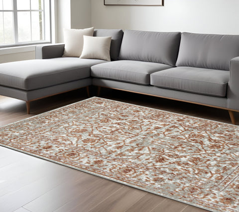 8' X 10' Ivory Gray And Rust Floral Area Rug