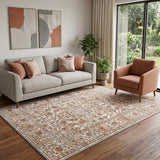 8' Ivory Gray And Rust Floral Round Rug