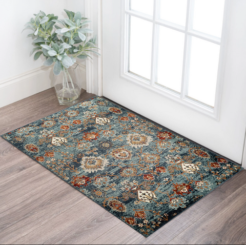 2' X 3' Teal Rust and Orange Oriental Power Loom Area Rug