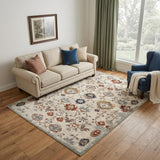 5' X 8' Beige Rust and Navy Oriental Power Loom Area Rug