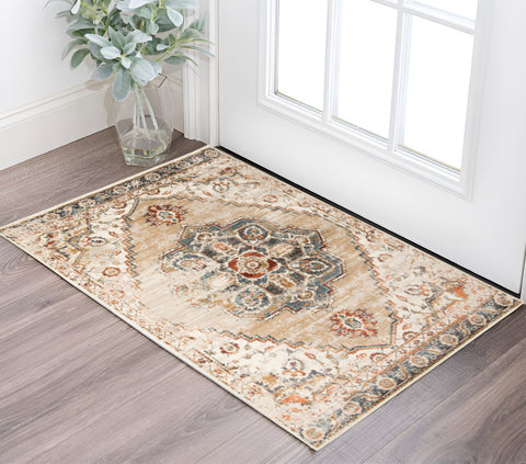 2' X 3' Ivory Tan and Gold Medallion Power Loom Area Rug