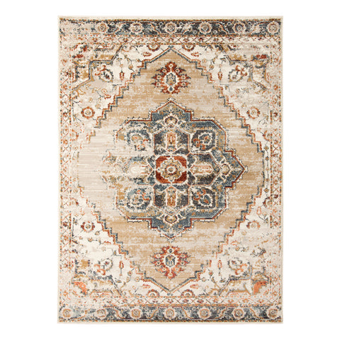 5' X 8' Ivory Tan and Gold Medallion Power Loom Area Rug