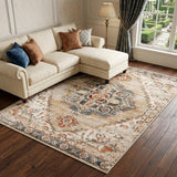 8' X 10' Ivory Tan and Gold Medallion Power Loom Area Rug