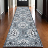 10' Charcoal and Ivory Medallion Power Loom Runner Rug