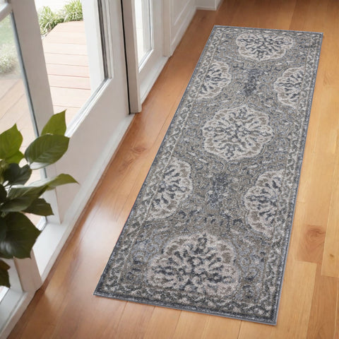 6' Charcoal and Gray Medallion Power Loom Runner Rug