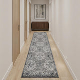 10' Charcoal and Gray Medallion Power Loom Runner Rug