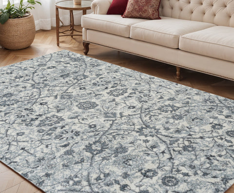 5' X 8' Charcoal And Ivory Floral Area Rug