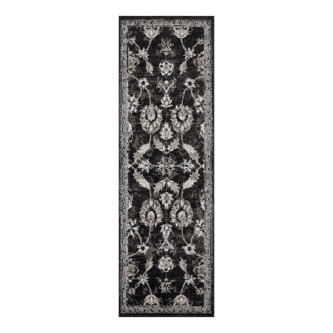 6' Ivory Black and Gray Oriental Power Loom Runner Rug