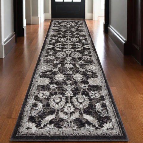 10' Ivory Black and Gray Floral Power Loom Runner Rug