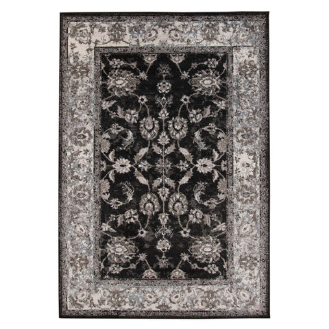 5' X 8' Ivory Black And Gray Oriental Area Rug