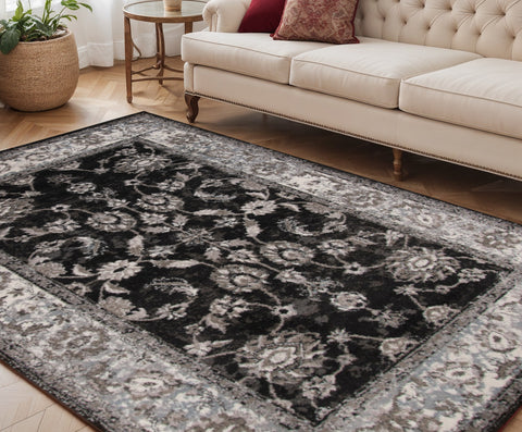 5' X 8' Ivory Black And Gray Oriental Area Rug