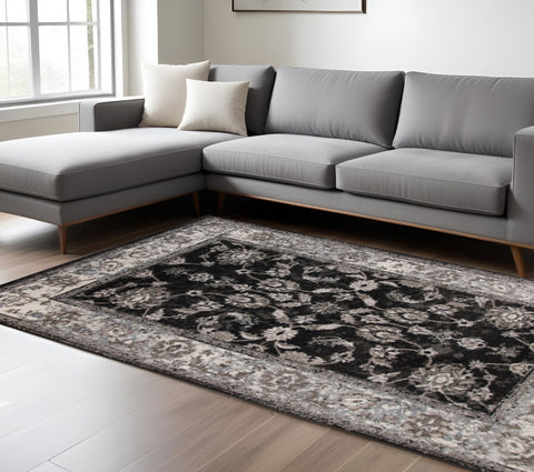8' X 10' Ivory Black and Gray Oriental Power Loom Area Rug