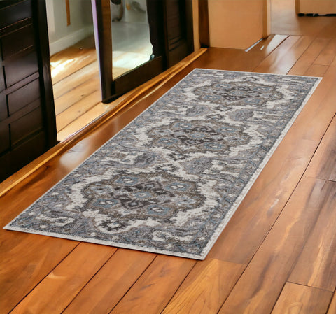 6' Ivory Taupe And Gray Medallion Runner Rug